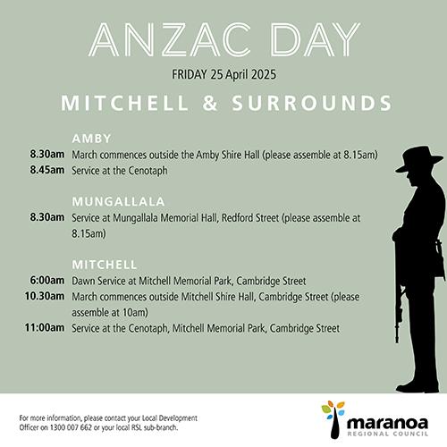 Times for the 2025 Anzac Day service in Mitchell and Surrounds