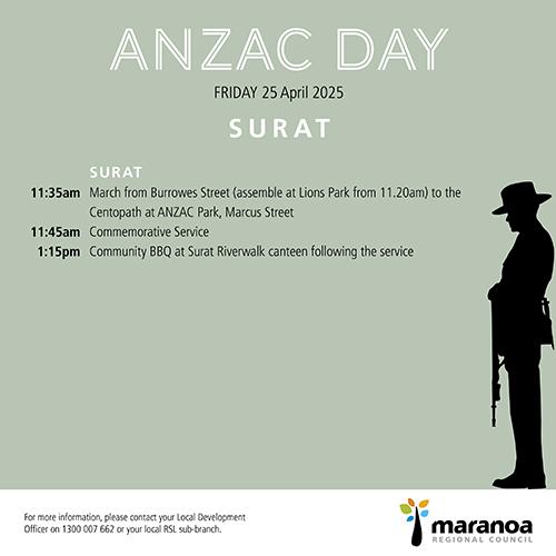 Times for the 2025 Anzac Day service in Surat