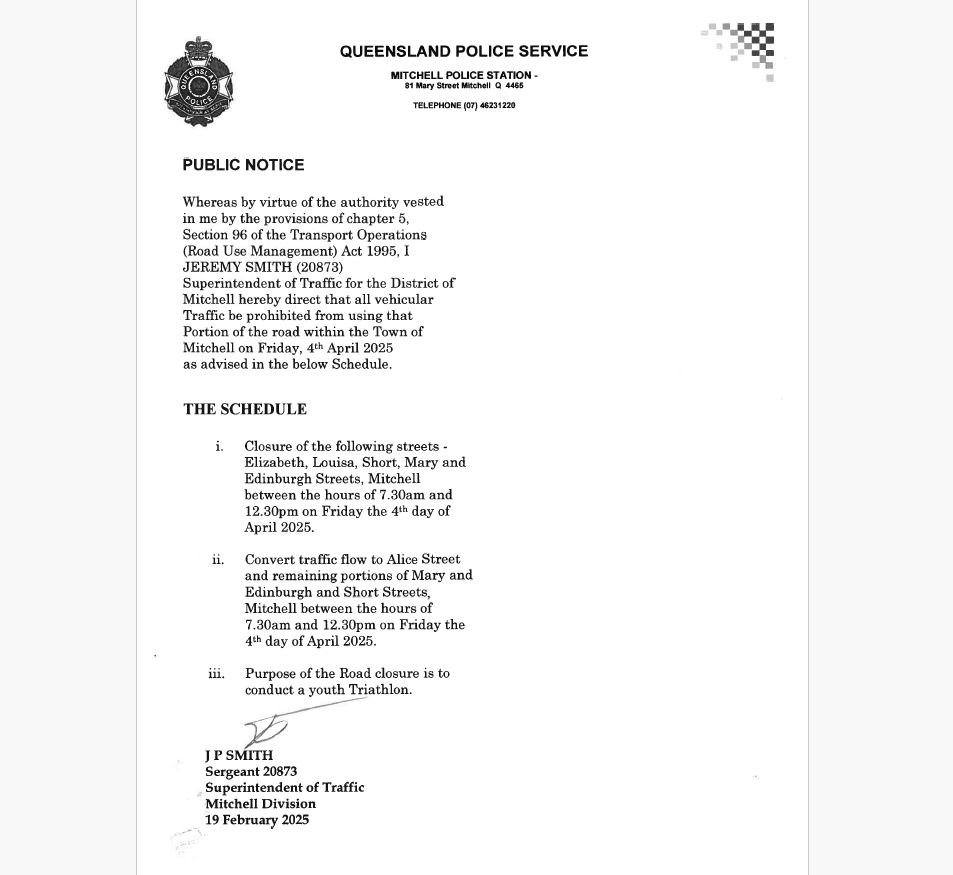 Police closures for the Mitchell TRYathlon
