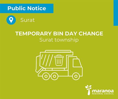 Due to contractor unavailability, Surat residents weekly rubbish collection will swap from Thursday, 4 September to Wednesday, 3 September for that week only.